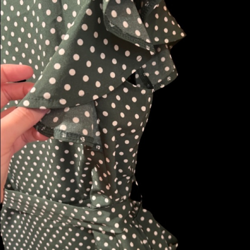 Flutter Sleeve, Button-Down, Green Polka Dot Midi… - image 8